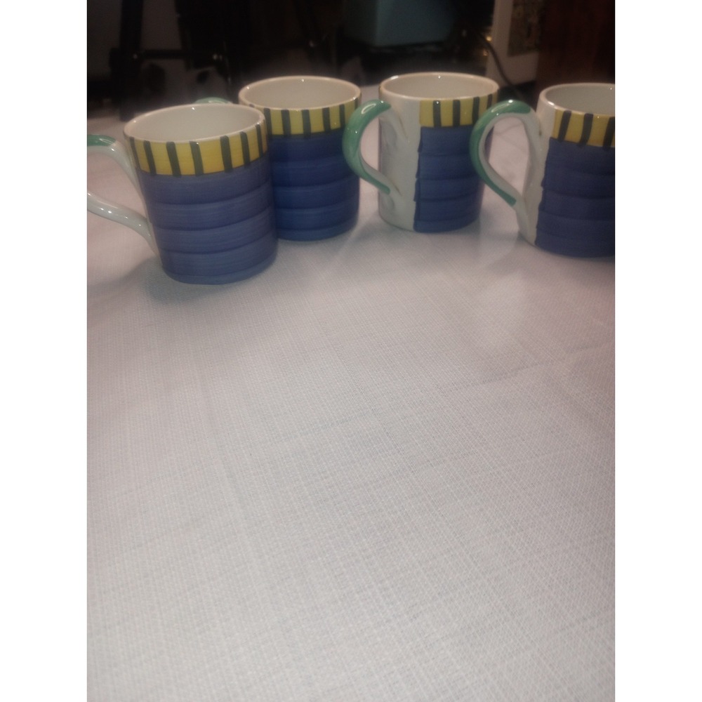 Pier One Italy Hand Painted Coffee Mugs Set of 4 Blue Stripe